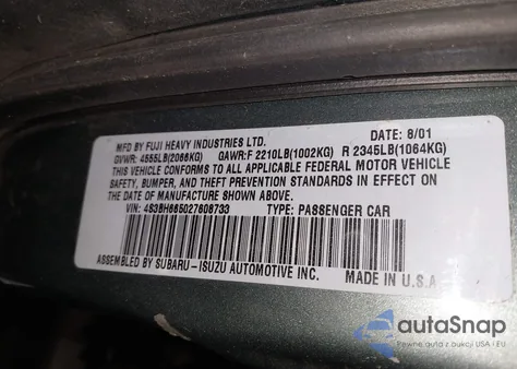 2002 Subaru Legacy из США, поврежденный, VIN 4S3BH665027608733